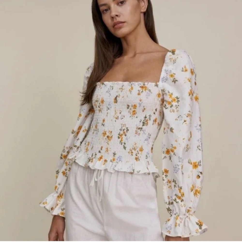 Reformation Linen Smocked Top Sz M